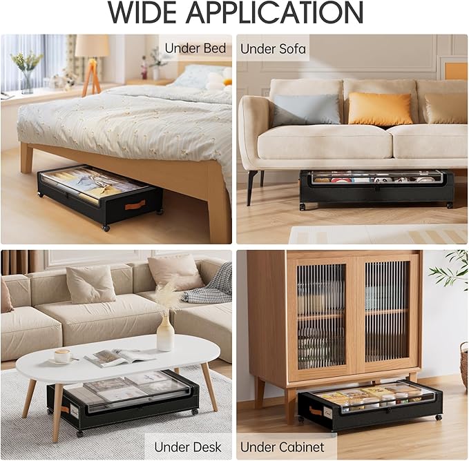 Yecaye 60L Under Bed Storage with Wheels, 2 Pack Under Bed Storage Containers, Underbed Shoe Storage with Clear Window & Label, Rolling Under Bed Metal Drawer for Clothes, Shoes, Books, Black