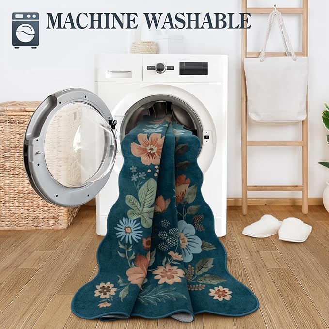 Lahome Floral Rugs for Entryway, 2x4 Washable Kitchen Rugs Ultra-Thin, Non Slip Indoor Door Mat Stain Resistant Boho Small Low-Pile Throw Carpet for Bathroom Bedroom(2x4ft,Navy Blue)