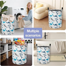 Cute Blue White Shark Laundry Hamper Large Canvas Fabric Lightweight Storage Basket/Dirty Clothes Collapsible Waterproof for College Dorms, Boys and Girls Bedroom,Bathroom