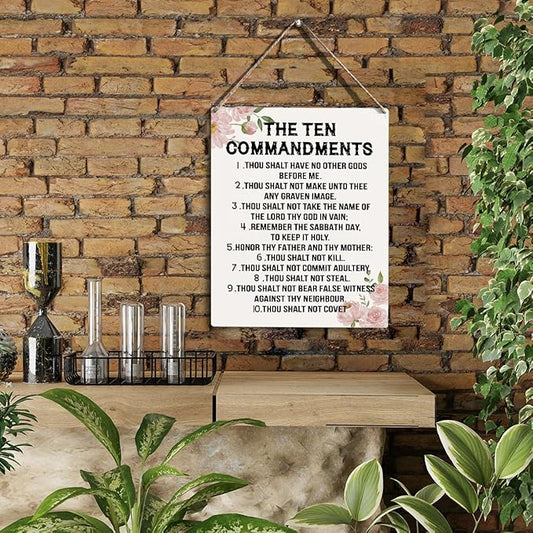 YCYD Ten Commandments Decor,10 Commandments Desk Poster, Christian Bible Verse Decor Religious Home Rustic Wooden Box Sign for Living Room Bedroom Office 10 x 8 Inches flower
