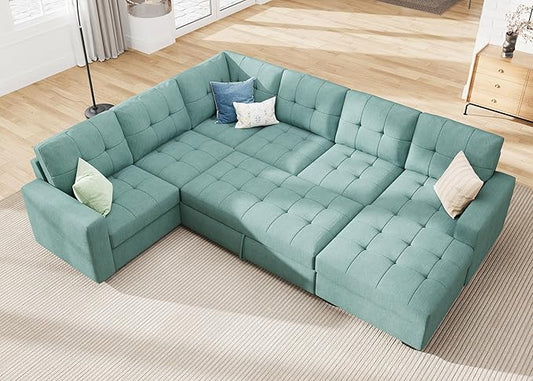 HONBAY Sectional Sleeper Sofa Bed, Sleeper Couch with Pullout Bed, Sectional Couch with Storage Chaise for Living Room, Blue
