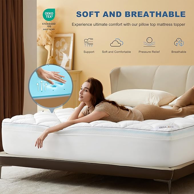 Bedlore 4-Inch Twin XL Mattress Topper for Back Pain - Dual Layer Medium Support (2" Gel Memory Foam + 2" Cooling Fluffy Pillow Top Pad), Breathable & Pressure Relief (White)