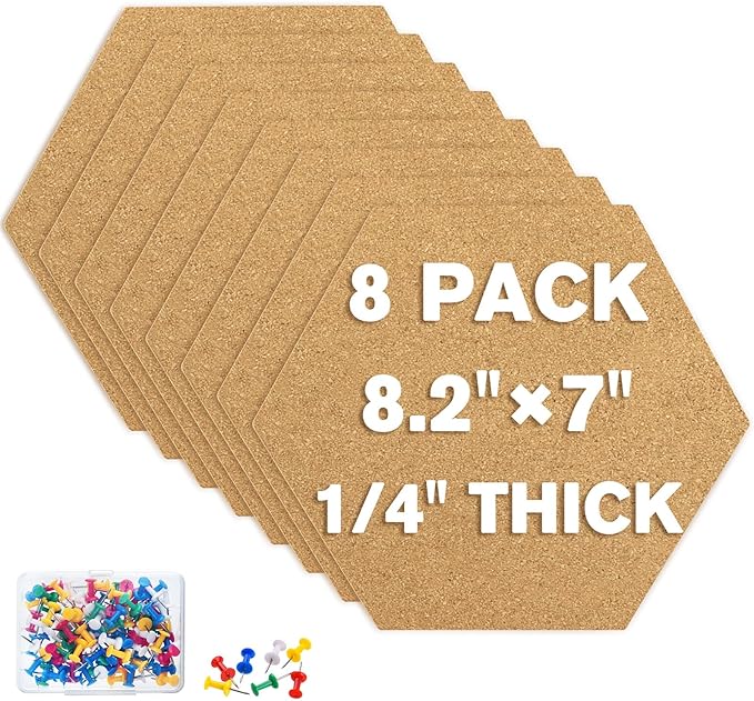 TUPARKA 8 Pack Cork Board Hexagon Bulletin Boards Cork Tiles 8.2"x7" - 1/4" Self-Adhesive Corkboards with 50 Push Pins Mini Wall for Wall Home School Office Decorative (8, 8.2"x7")