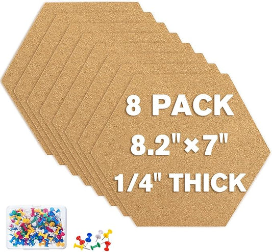 TUPARKA 8 Pack Cork Board Hexagon Bulletin Boards Cork Tiles 8.2"x7" - 1/4" Self-Adhesive Corkboards with 50 Push Pins Mini Wall for Wall Home School Office Decorative (8, 8.2"x7")