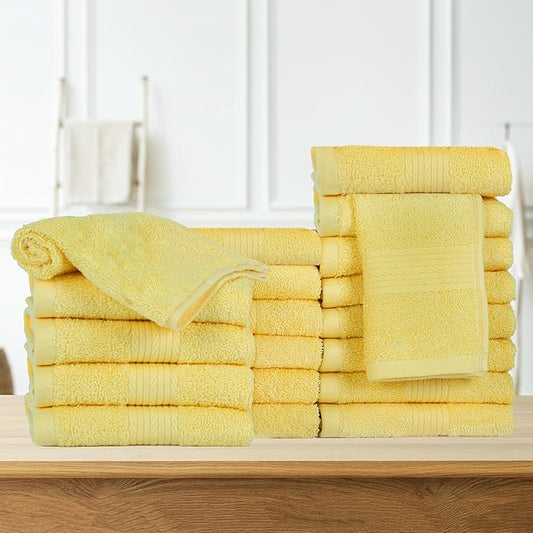 Ample Decor Wash Cloths Pack of 20, Oeko Tex Certified 600 GSM 100% Cotton Soft Absorbent, Premium Quality Durable Machine Washable, Ideal for Bathroom, Pool, Hotel, Spa – Yellow