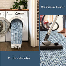 Lahome Boho Bathroom Rugs, Small 2x3 Front Door Bath Mats Lightweight Entryway Rug Woven Cotton Area Rug with Tassels, Farmhouse Blue Throw Rug Washable Low Pile Carpet for Kitchen
