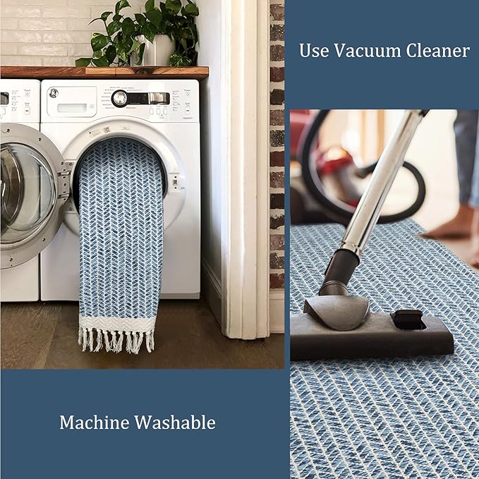Lahome Boho Bathroom Rugs, Small 2x3 Front Door Bath Mats Lightweight Entryway Rug Woven Cotton Area Rug with Tassels, Farmhouse Blue Throw Rug Washable Low Pile Carpet for Kitchen