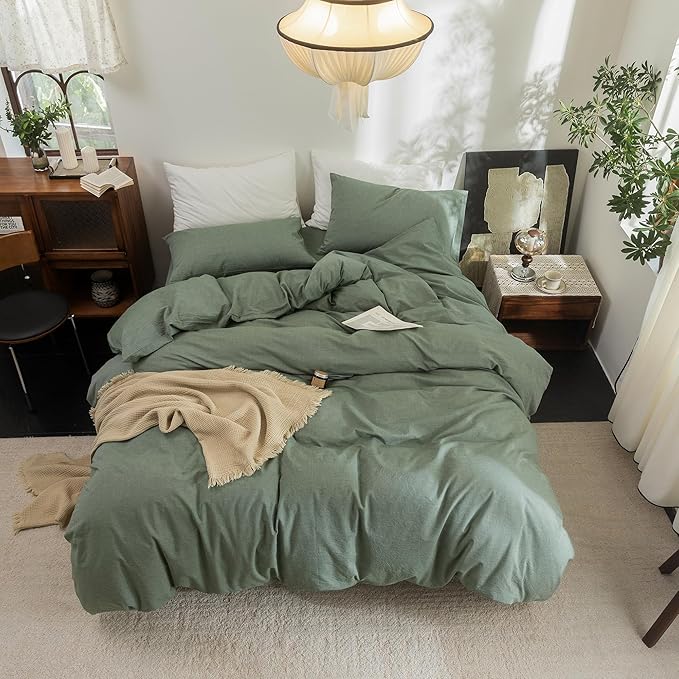 FOSSA Duvet Cover Set 100% Washed Cotton Linen Feel Super Soft Breathable Cozy Simple Style 3 Pieces Bedding Sets Solid Heathered Green California King