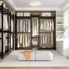 Homykic Bamboo Closet System Clothes Rack, Large Freestanding Garment Rack Clothing Rack for Hanging Clothes with 7 Storage Shelves and 5 Rods, Open Wardrobe Organizer with 4 Hooks, Black