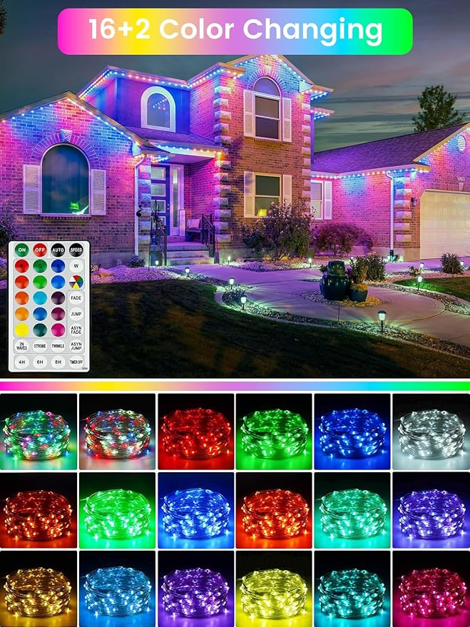 RGB Color Changing 33Ft 100LED Christmas Fairy Lights Battery Operated, Waterproof String Lights USB Powered with Timer for Indoor & Outdoor,18 Colors and Multicolor for Girl's Bedroom Christmas Decor