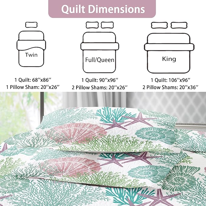 Tritard 3 Piece Coastal Quilt Sets Full/Queen Size - Reversible Microfiber Quilts with 2 Shams Soft Lightweight Beach Bedding Nautical Bedspread Coverlet Summer Comforter for All Season, 90''x96'', C5