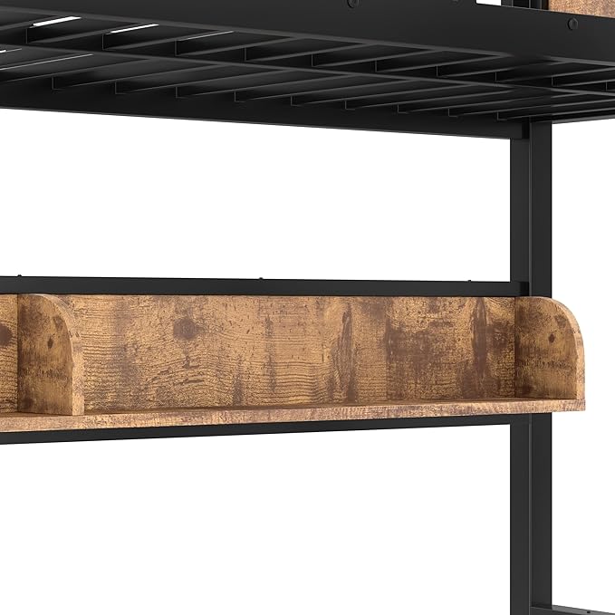 Twin over Full Bunk Bed with Storage Shelves, Metal Bunk Beds with Ladders and Lights, Heavy-duty Bunkbed for Bedrooms, Guest Rooms and Dorms, No Box Spring Needed and Noise-free Design, Woodgrain