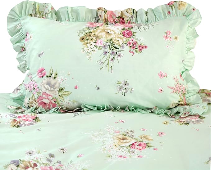 FADFAY Green Floral Duvet Cover Sets Vintage Flower Printed Bedding Ultra Soft 100% Cotton Designer Bedding Set 3 Pieces, 1duvet Cover & 2pillowcases (King/California King Size, Ruffle Style)