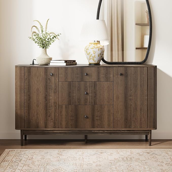 59" Sideboard Buffet Cabinet with Storage, Modern Fluted Accent Credenza with Charging Station, Wood Mid Century Buffet Table Coffee Bar Console Table with 3 Drawers & 2 Doors for Kitchen, Entryway