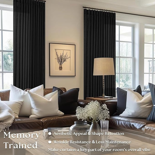 Linen Curtains 108 Inches Long 2 Panels Set for Living Room Farmhouse Boho Linen Textured Pinch Pleated Memory Shape Light Filtering Ceiling Semi Sheer 108 Inch Window Curtain with Hook Rings Black