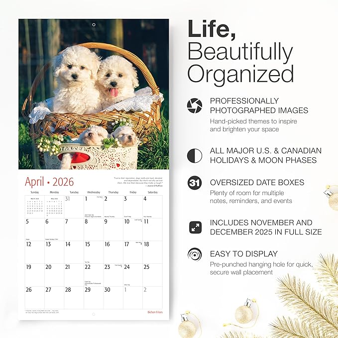 RED EMBER Bichon Frises 2026 Wall Calendar 12 Month | 12" x 24" Open | Thick & Sturdy Paper | Holiday Gift | Cute Puppy Dog Calendar 2026