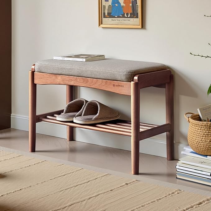 Solid Wood Shoe Bench Assembled, Shoe Rack Bench with Gray Cushion for Entryway, Living Room, Bedroom, Hallway, 11.8" x 23.6" x 16.5", Walnut