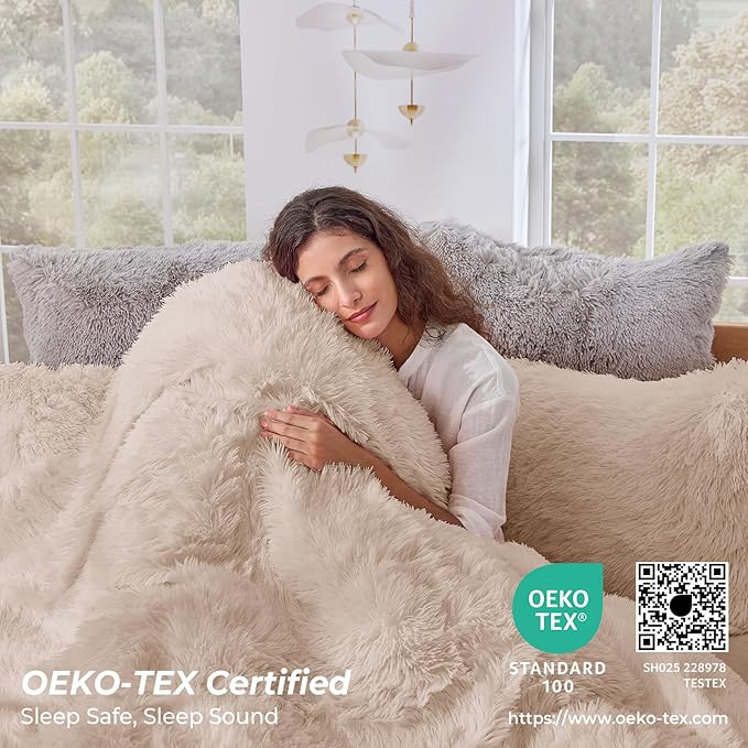 Sasttie 3-Piece Fluffy Duvet Cover Full, Ultra Soft Faux Fur and Velvet Beige Comforter Cover, Luxury Fuzzy Bedding Sets for Winter Bed, Includes 1 Duvet Cover and 2 Pillowcases, No Comforter