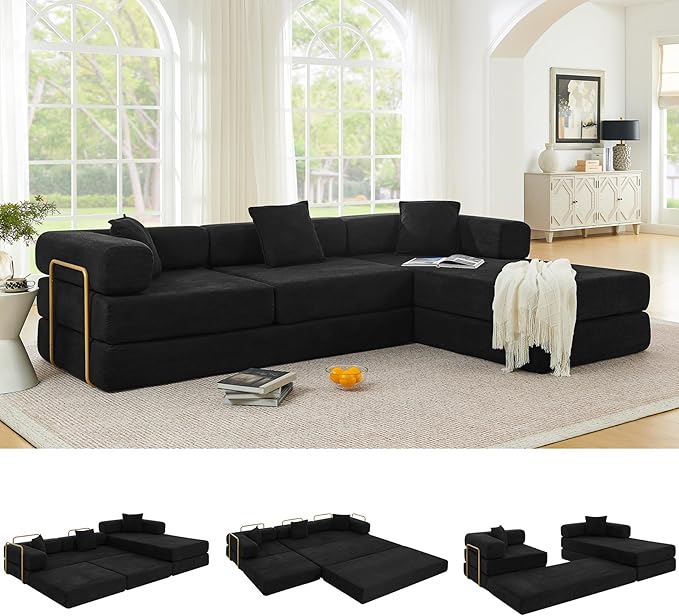 108" Oversized Convertible Sleeper Sofa Bed, Corduroy L Shape Sectional Couch, Folding Sofa Bed with Fixed-Shape Frame, Modern Cloud Floor Mattress Couch, Modular Sofa for Living Room,Black
