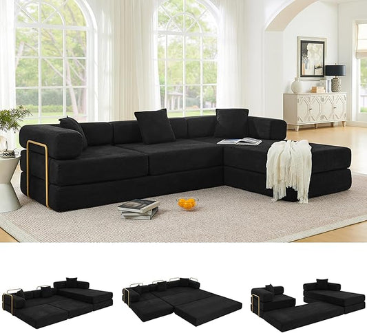 108" Oversized Convertible Sleeper Sofa Bed, Corduroy L Shape Sectional Couch, Folding Sofa Bed with Fixed-Shape Frame, Modern Cloud Floor Mattress Couch, Modular Sofa for Living Room,Black