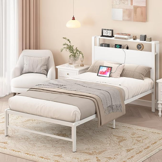 Twin Bed Frames with Charging Station, 2 Tiers Storage Headboard Twin Sized Bed No Box Spring Needed Heavy Duty Metal Platform, White