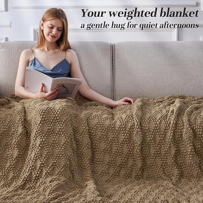 Knitted Weighted Blanket for Adult, Chunky Knit Weighted Throw for Sleep 50"*60" 10lbs, Cooling Breathable Heavy Blanket for Hot Sleepers, Machine Washable Fall Blanket for Room Decor(Beige)