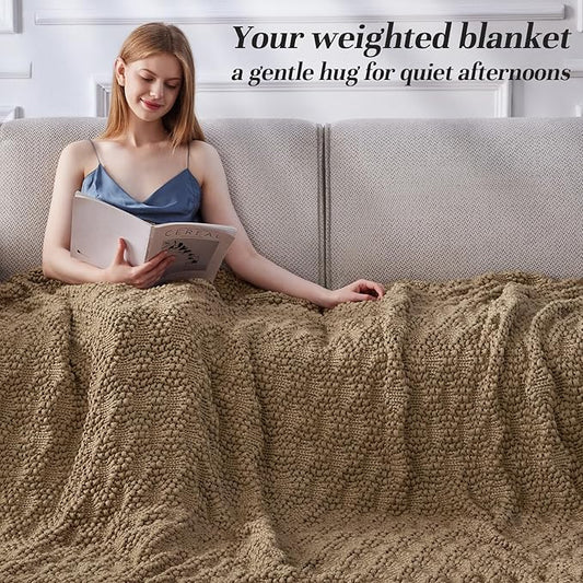 Knitted Weighted Blanket for Adult, Chunky Knit Weighted Throw for Sleep 48"*72" 10lbs, Cooling Breathable Heavy Blanket for Hot Sleepers, Machine Washable Fall Blanket for Room Decor(Beige)