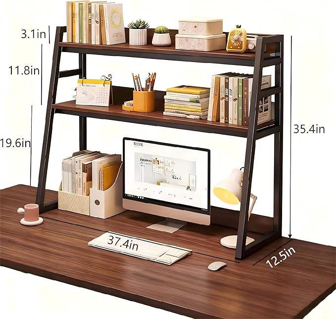 2-Tier Desktop Bookshelf, Wood Hutch Shelf Organizer, 29.9 x 12.6 x 35.4 inches, Study Room Storage Rack (Black, 37 * 12 * 35in)