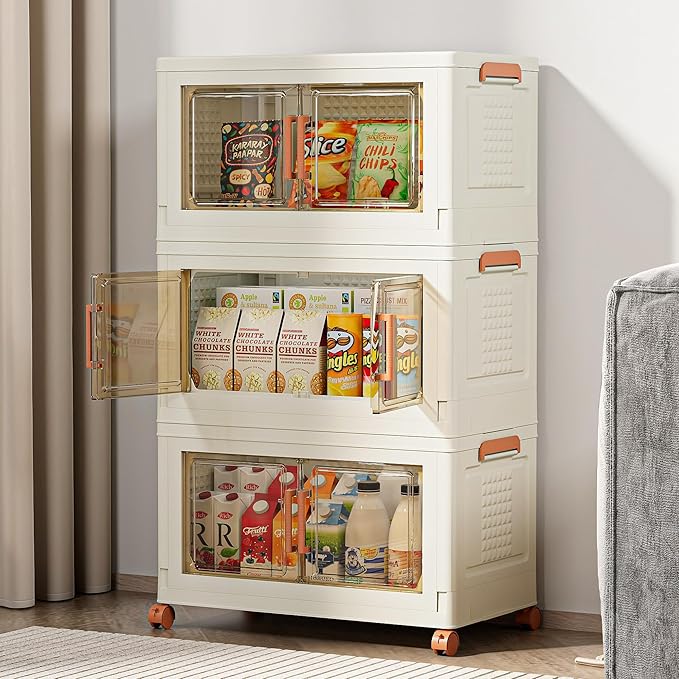 VECELO 180 QT Stackable Storage Bins with Wheels, Magnetic Dual Opening Doors & Transparent Panels, Plastic Foldable Storage Containers for Living Room, Bedroom, Kitchen, Office