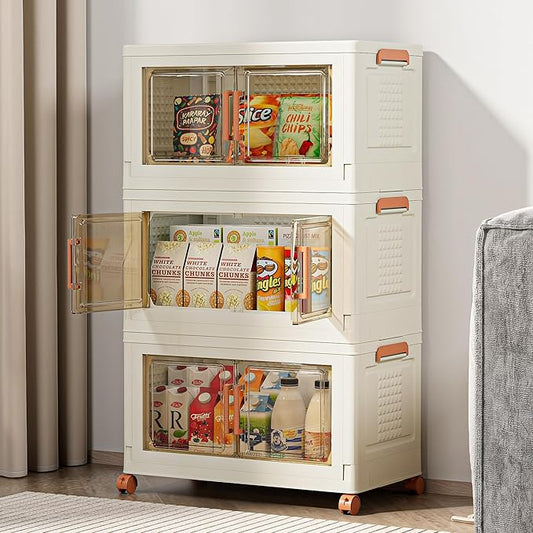 VECELO 180 QT Stackable Storage Bins with Wheels, Magnetic Dual Opening Doors & Transparent Panels, Plastic Foldable Storage Containers for Living Room, Bedroom, Kitchen, Office