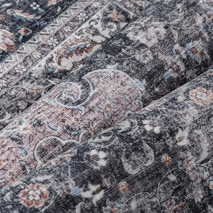 2x6 Washable Vintage Runner Rug Black Grey Hallway Kitchen Carpet Non-Slip Soft Low Pile Distressed Throw Rug for Bedroom Bathroom Laundry Living Room
