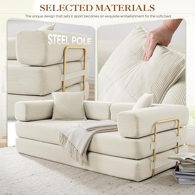 Antetek Convertible Futon Sofa Bed, 3-Seater Modern Corduroy Foam Floor King Size Bed Fold Out Sleeper Lounge Loveseat Sofa Couch with 2 Throw Pillows for Living Room Bedroom Guest Room, Beige