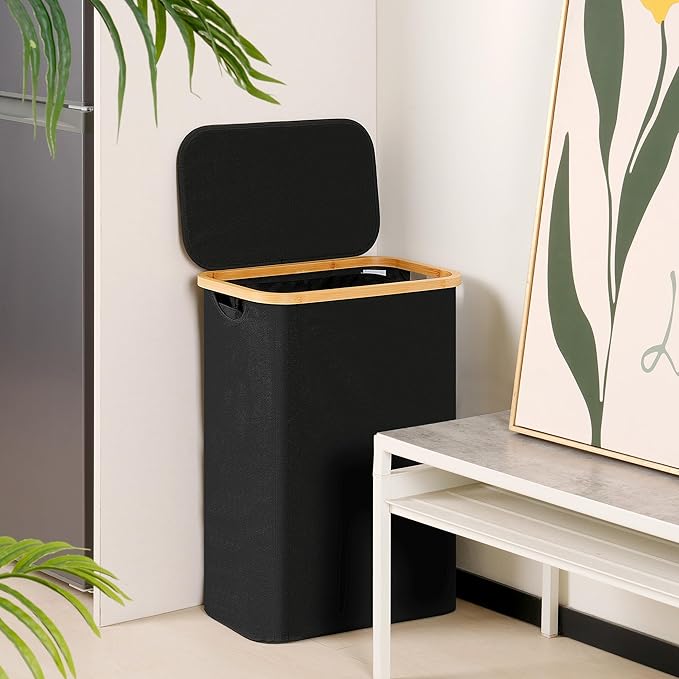 efluky Slim Laundry Basket with Lid, Narrow Laundry Hamper with Removable Bag, Skinny Dirty Clothes Basket with Bamboo Handles for Bathroom, Bedroom & Laundry Room, 65L Black