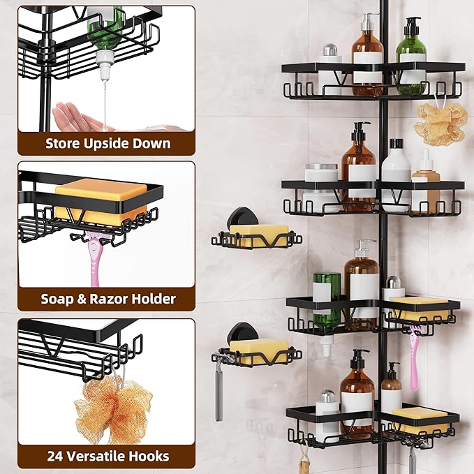 KEGII Shower Caddy Corner Tension Pole with 2 Suction Cup Soap Dishes, Rustproof 4-Tier Adjustable Bathroom Organizer, No-Drill Shower Storage Rack for, Fits 25–114.2 Inch, Black