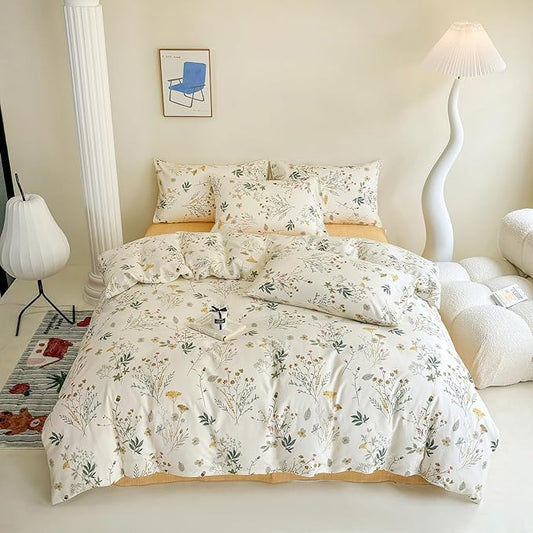 HighBuy Cotton 3 Piece Duvet Cover Full Yellow Floral Bedding Set Full Girls Botanical Coquette Comforter Cover with Zipper,Chic Garden Style Green Botanical Duvet Cover Set Vintage Soft