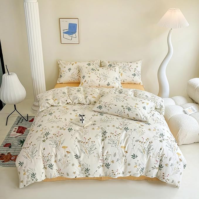 Cotton Duvet Cover King Botanical Bedding Set Yellow Floral Duvet Cover Set King Cottagecore Coquette Comforter Cover with Zipper,Garden Style Green Branches Bedding Duvet Cover Chic King 3 Piece