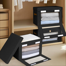 Collapsible Storage Bins - Large Stackable Organizer Bins, Decorative Boxes with Handles & Window, Fabric Containers for Living Room, Closet, Dorm, 6 Pack, Black