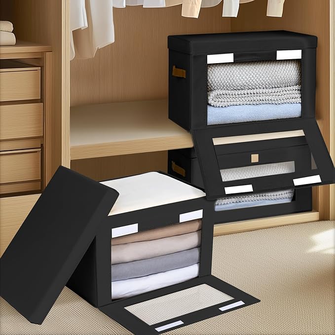 Collapsible Storage Bins - Large Stackable Organizer Bins, Decorative Boxes with Handles & Window, Fabric Containers for Living Room, Closet, Dorm, 4 Pack, Black