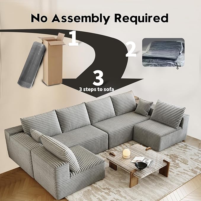139.4" Modular Sectional Sofa, U-Shaped Minimalist Couches with 2 Middle Seats, Modern Deep Seat Convertible Sleeper Sofa Bed,Cloud Plush Corduroy Fabric, No Assembly Required, 6 Seater, Grey