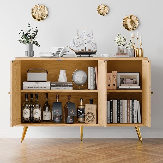 JAMFLY Buffet Cabinet with Set of 2 Storage, Kitchen Storage with 3 Rattan Decorated Doors, Accent Cabinet Sideboard for Dining Room, Living Room, Entryway, Hallway, Natural
