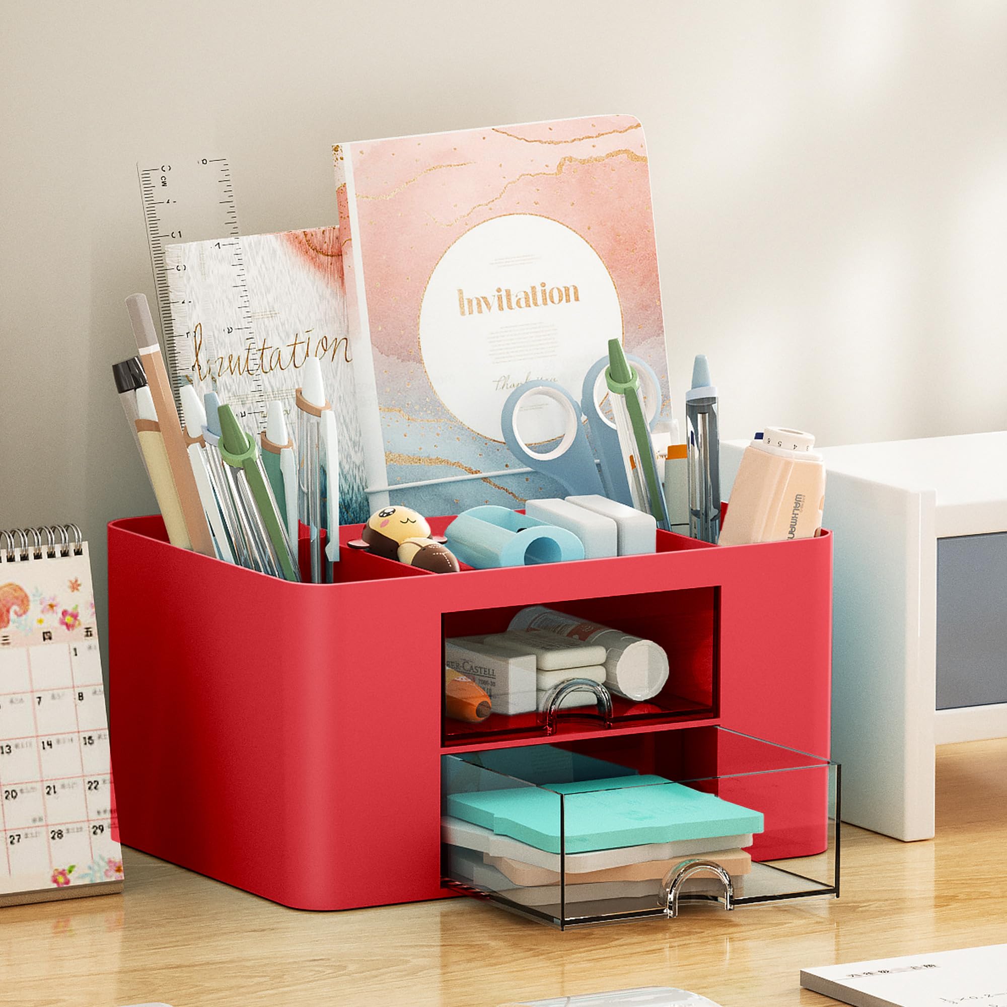 Marbrasse Pen Organizer with 2 Drawer, Multi-Functional Pencil Holder for Desk, Desk Organizers and Accessories with 5 Compartments + Drawer for Office Art Supplies (Blue) Dormly
