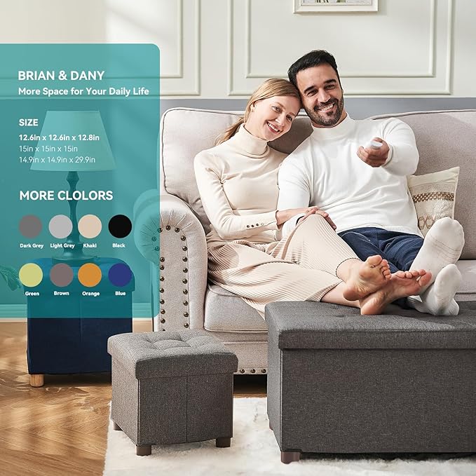 BRIAN & DANY Small Ottoman with Storage, Small Storage Ottoman, Folding Foot Stool with Wood Legs for Living Room and Bedroom Linen Rest Seat, 12.6"x12.6"x12.8" - Brown