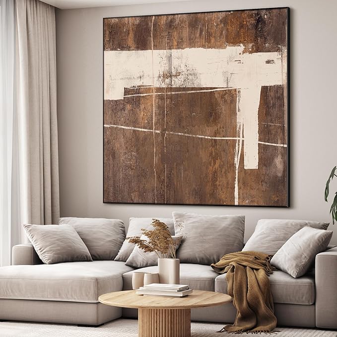 36"x36" Large Framed Wall Art - Rustic Brown and Beige Modern Design (Frame Assembly Required)