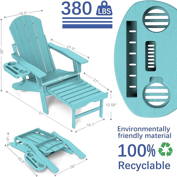 FOOWIN Adirondack Chair with Retractable Ottoman,HDPE Folding Adjustable Adirondack Chair w/4 in 1 Cup Holder Trays,All-Weather Resistant Fire Pit Chair for Outdoor Patio Lawn Set of 6