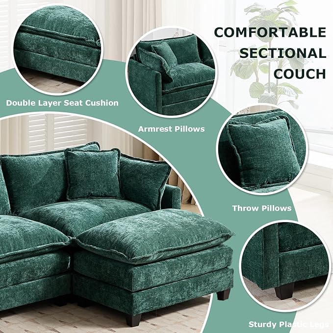 SoarFlash Chenille Sectional Sofa Ottoman,Green