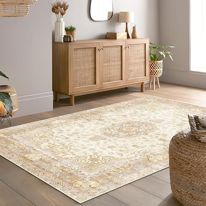 Boho Rug 4'x6.5',Washable Area Rugs for Bedroom Living Room Kitchen Entryway Bedside,Small Vintage Bohemian Distressed Non Slip Carpet,Beige Gold Floral