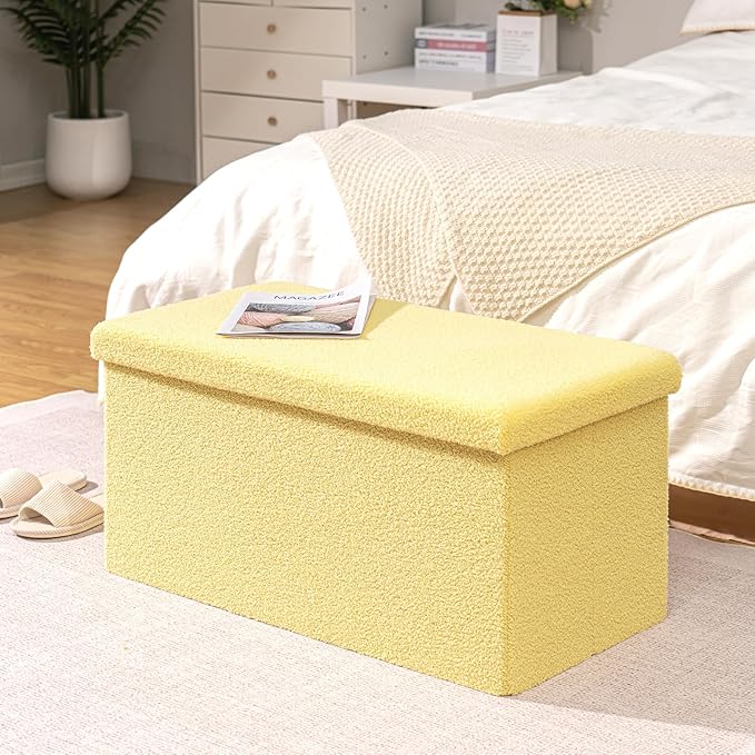 PINPLUS Storage Ottoman Bench, Folding Upholstered Sherpa Ottoman, Large Storage Chest Footrest with Lids, Entryway Bench for Living Room, Yellow, 31.5'' x 15.7'' x 15.7''