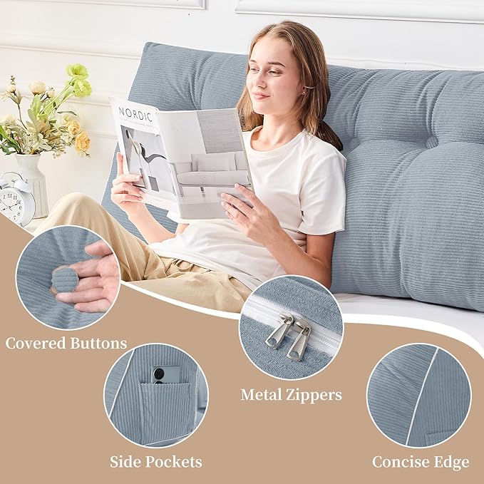 Sasttie Headboard Pillow Twin/Twin XL, Wedge Pillow Headboard for Dorm, Triangular Daybed Backrest Cushion for Sitting or Reading in Bed, with Removable Washable Cover, Greyish Blue