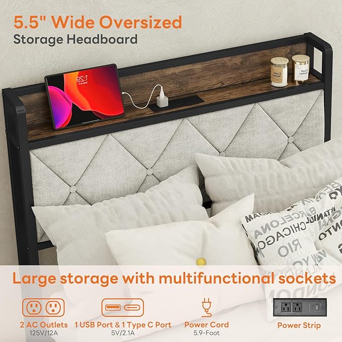 Sweetcrispy Twin Bed Frame with Headboard, Storage Headboard with USB Charging Station, Durable Squeak-Free Frame, Simple No-Tool Assembly,Works with Twin Mattress No Box Spring Needed