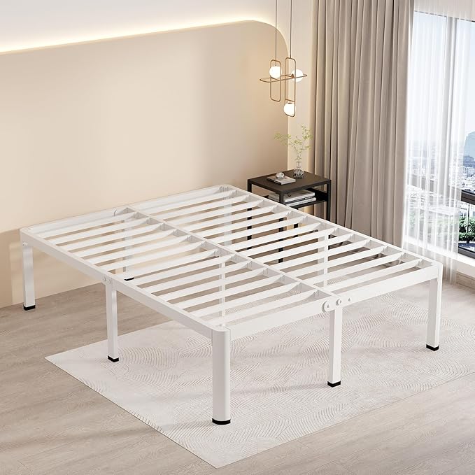 MAF 20 Inch Queen Size Bed Frame White with Round Corner Legs Mattress Slide Stopper No Box Spring Needed Heavy Duty Metal Platform Bed Frames Under-Bed Storage Space, 3000 LBS Steel Slats Support